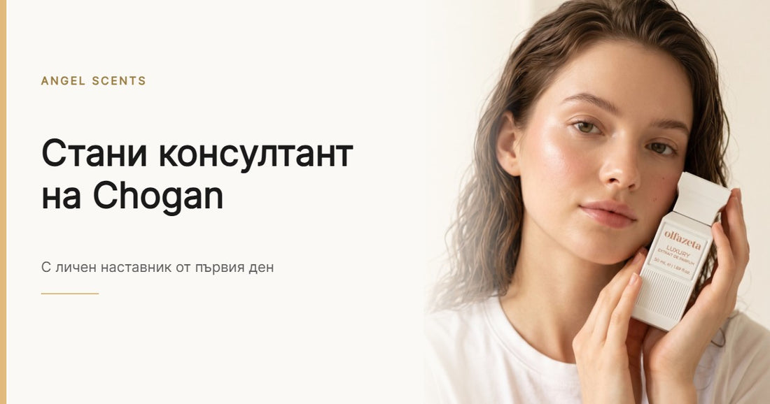 Жена държи флакон Olfazeta Luxury — стани консултант на Chogan с Angel Scents
