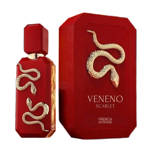 VENENO SCARLET French Avenue – червен флакон със златна змия и кутията, унисекс арабски парфюм EDP 100 мл
